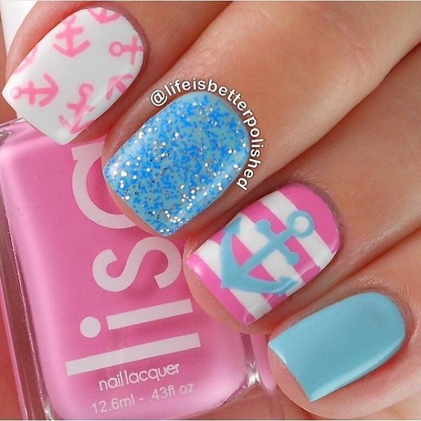 Anchor and blue glitter nail-19
