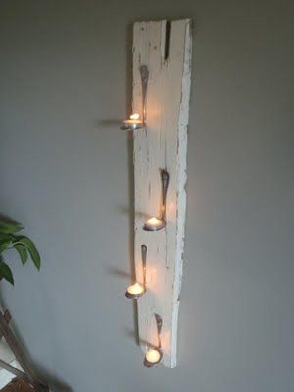 pallet board with Bent Spoons to Hold Tea Lights