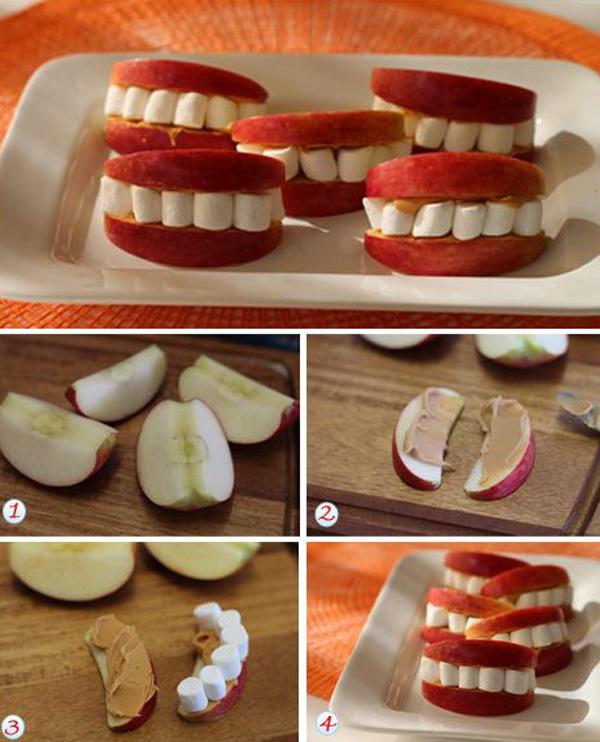 Halloween Teeth Recipe - Easy recipes - apples, peanut butter, marshmallows + silliness