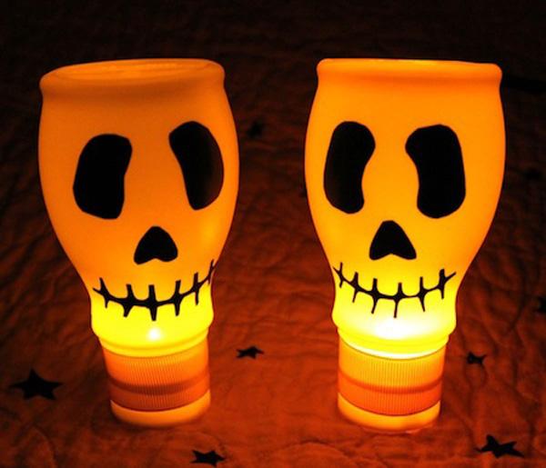 skull lights were created using empty milk bottles