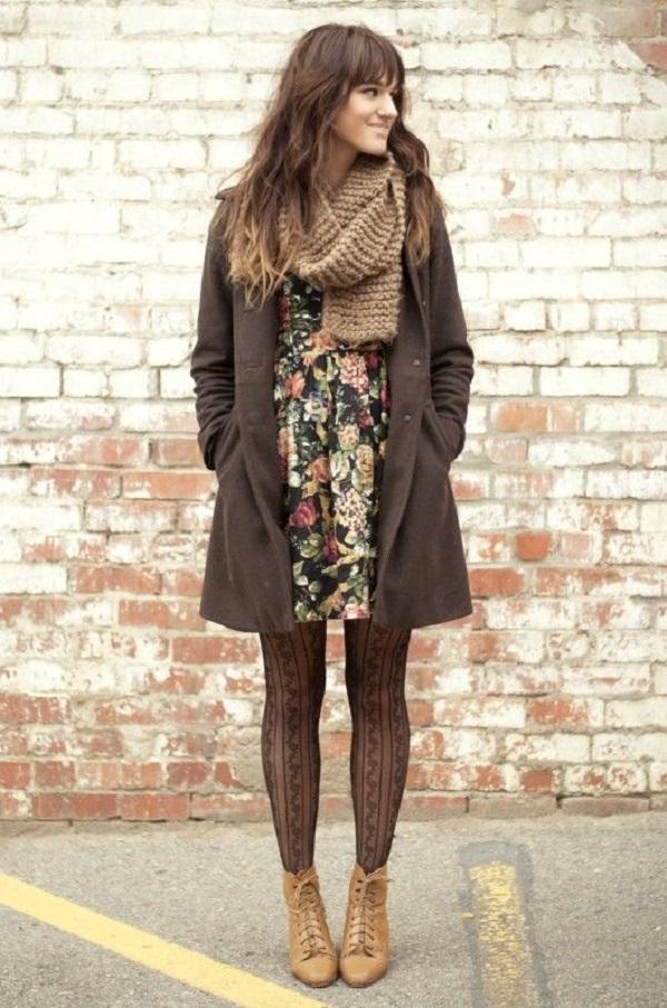 Camel vintage boots black floral dress army green vintage coat-brown scarf