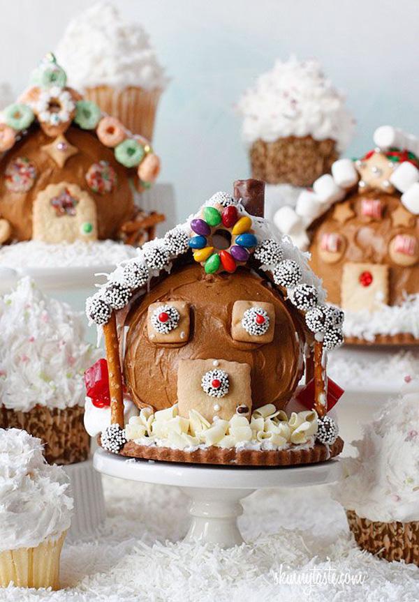 Cupcakes turned on their sides and decorated like Gingerbread houses