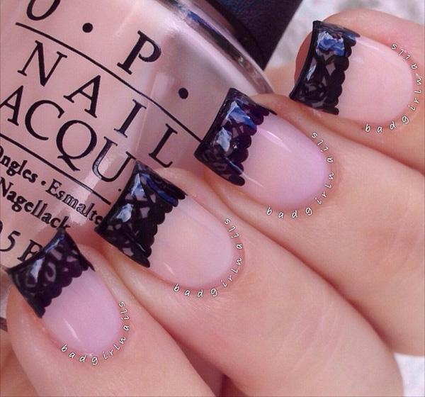 Nude color with black lace nail art