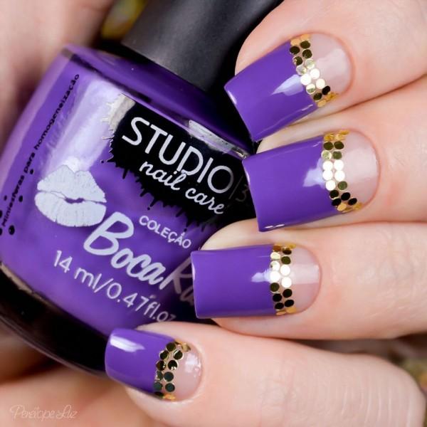 Purple and gold glitter nail art