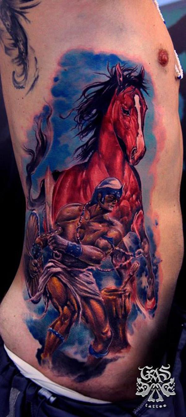 colored warrior with horse side tattoo
