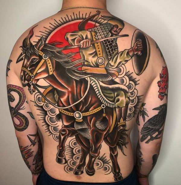 American traditional Knight on horse back tattoo