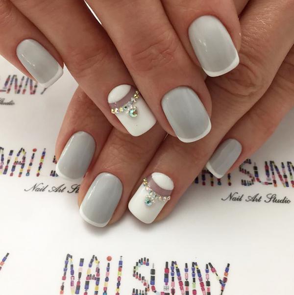 Black and silver gray nail art with shinny beads