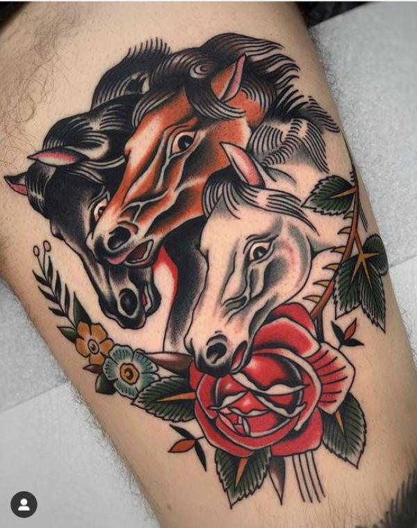Black bay red and white horse heads with rose tattoo traditional