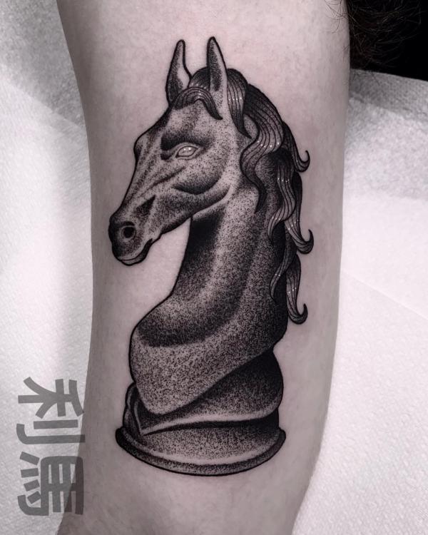 Dotwork chess horse tattoo