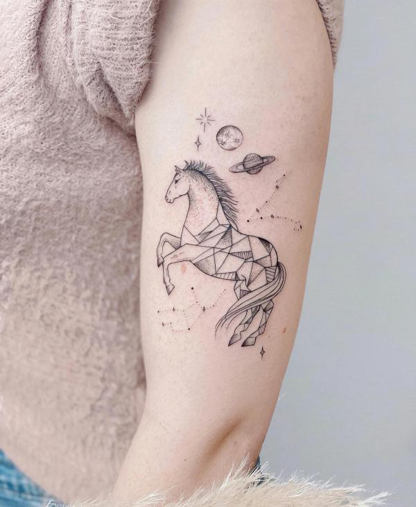 Geometric horse and pisces constellation tattoo