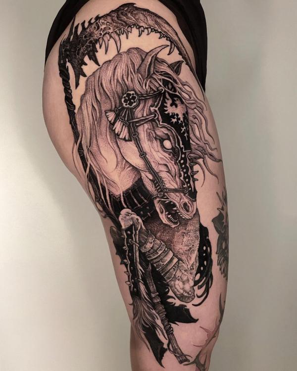 Half horse half skeletion tattoo