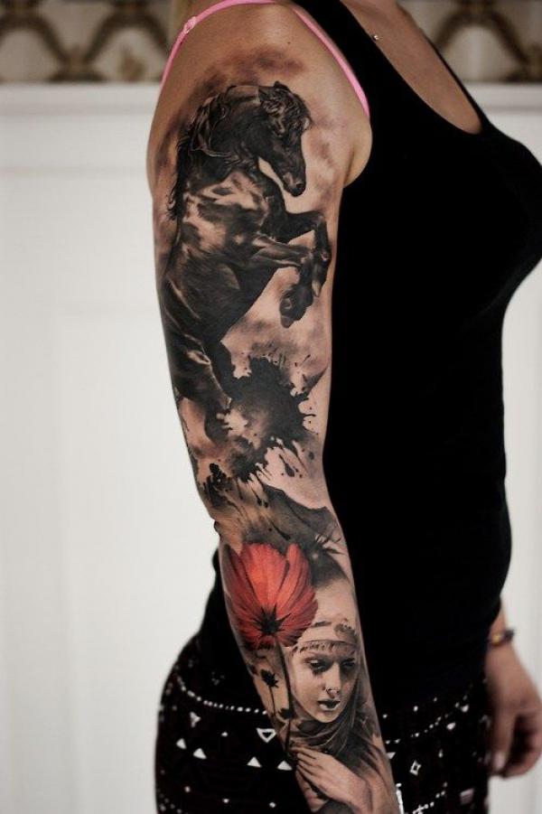 Horse and lady with poppy tattoo sleeve