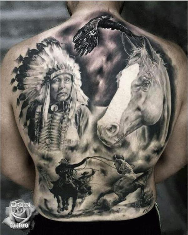 Horse and native American chief full back tattoo
