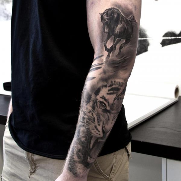 Horse and tiger head tattoo sleeve