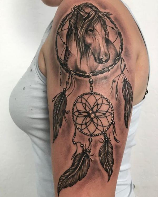 Horse dreamcatcher half sleeve tattoo
