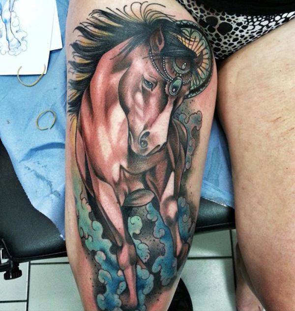 Horse front thigh tattoo