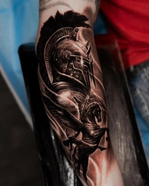 Realistic spartan knight and horse tattoo
