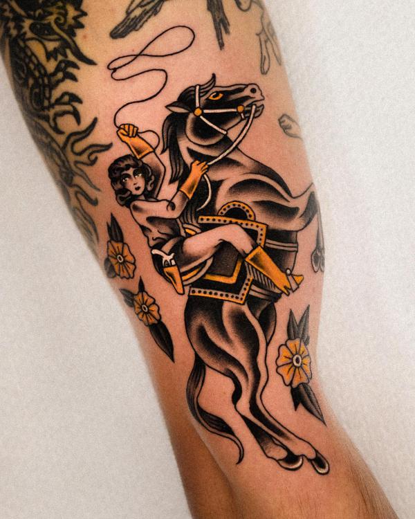 Traditional lady and horse tattoo
