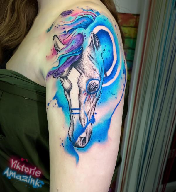 Watercolor horse shoulder tattoo