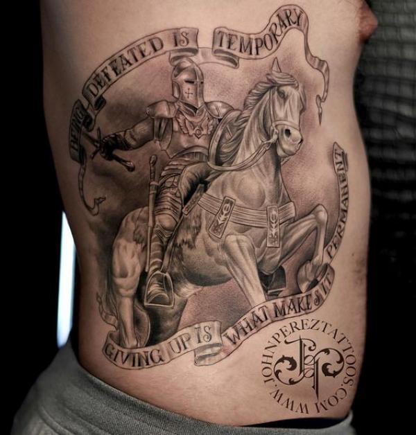 knight on horse tattoo with quote Being defeated is temporary giving up is what makes it permanent
