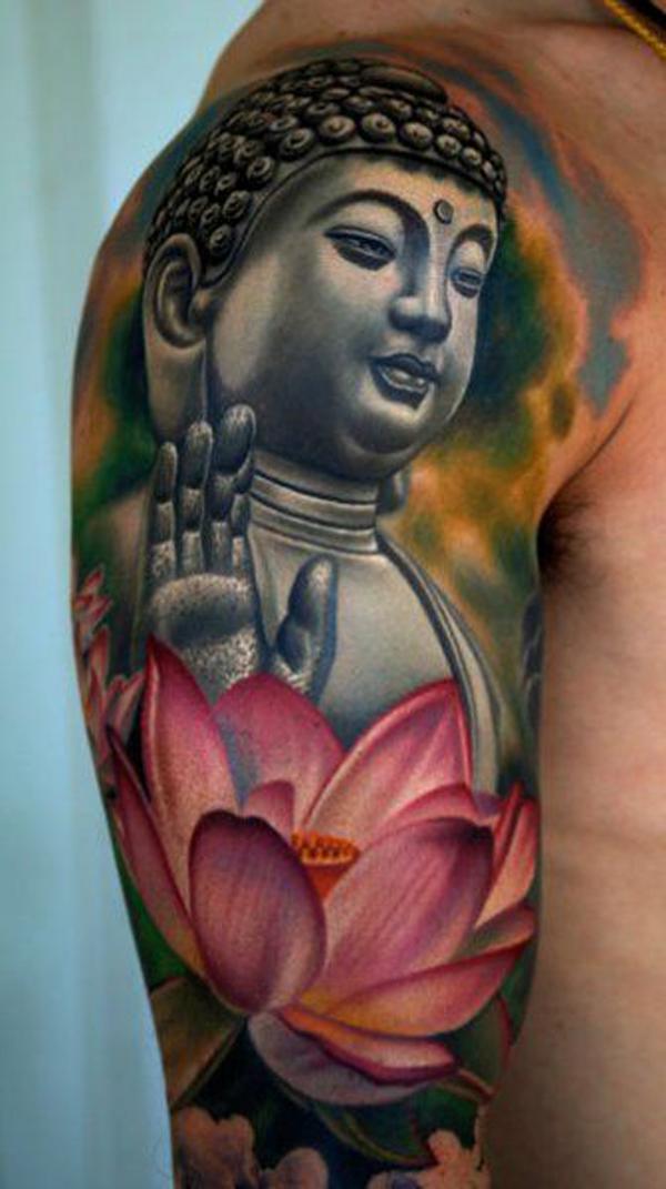 3D buddha and louts half sleeve tattoo