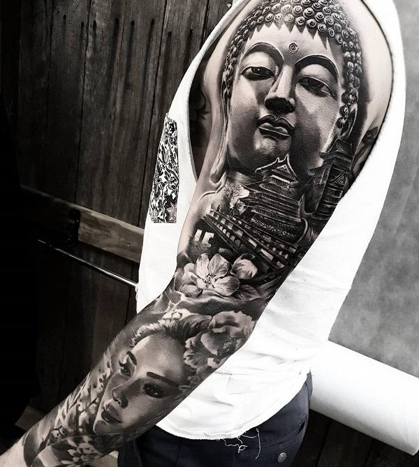 Painted Temple : Tattoos : Body Part Arm : Dayton Smith Buddha