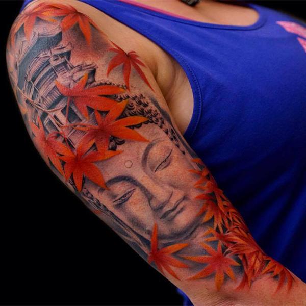 Buddha és juharlevelek tetoválás-5