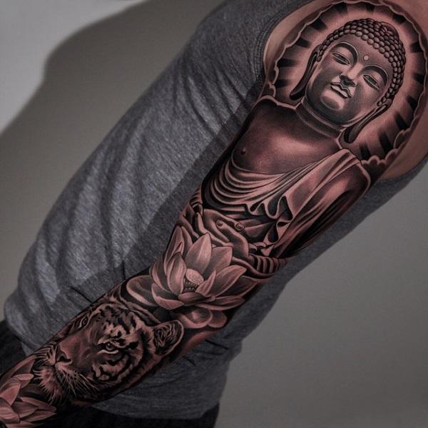 Buddha und Tiger Vollarmtattoo für Mann-9