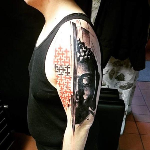 Half face Buddha half sleeve tattoo