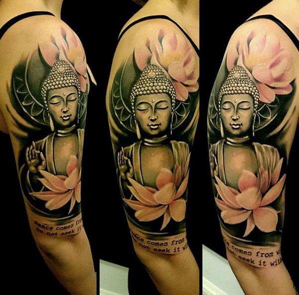 Buddha portrait and louts sleeve tattoo 14