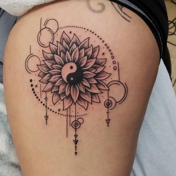 Geometric Yin Yang sunflower tattoo