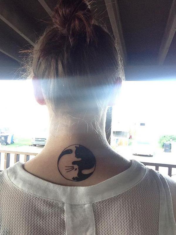 Cat silhouette Yin Yang neck tattoo female
