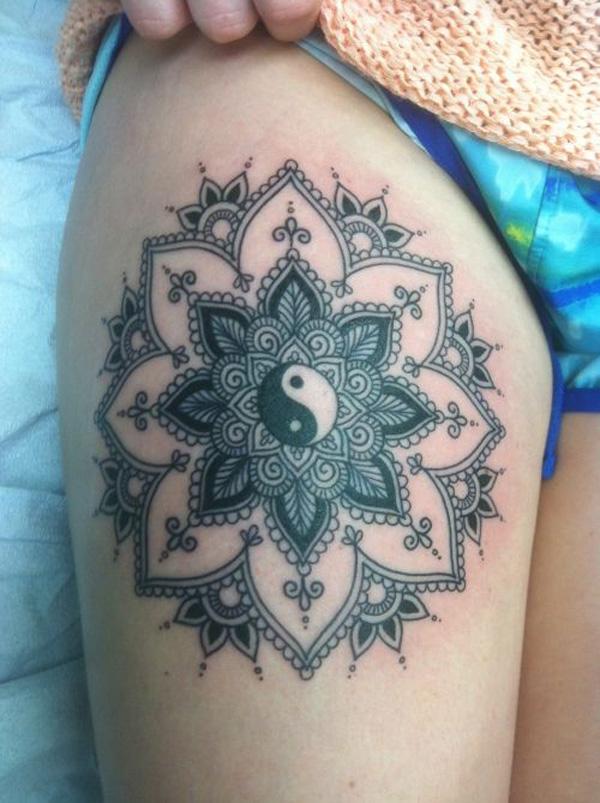 Mandala Yin Yang thigh tattoo