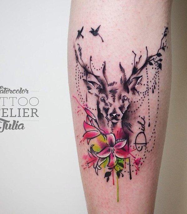 Flower and deer calf tattoo-24