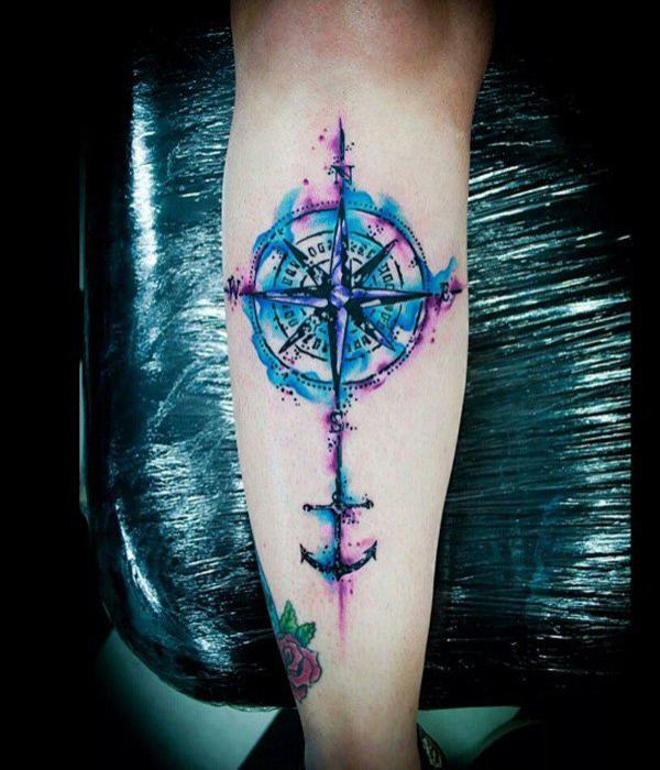 Watercolor compass calf tattoo-10