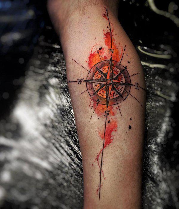 Watercolor compass calf tattoo-40