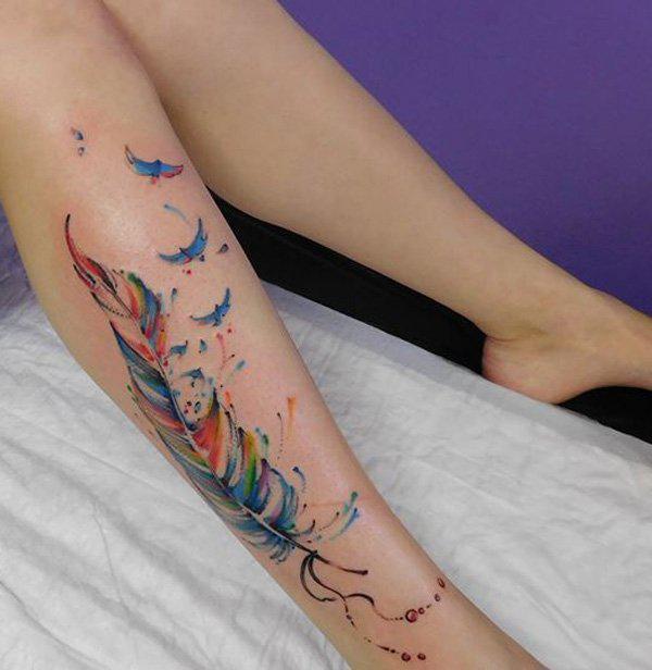 Watercolor feather calf tattoo-29