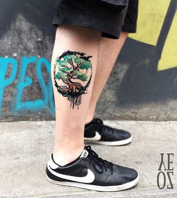 Watercolor tree calf tattoo-13