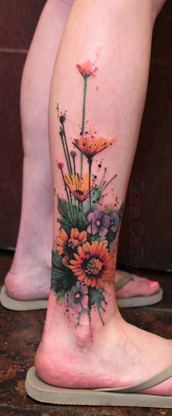 watercolor flower calf Tattoo-43