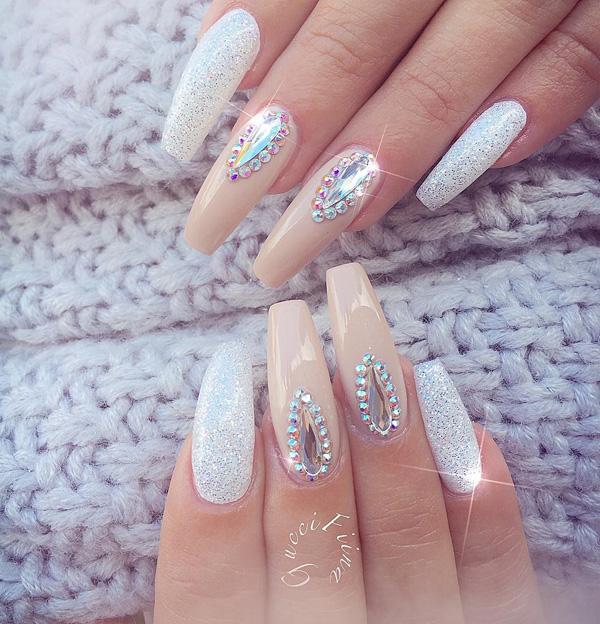 Hotline Bling Silver and White Coffin Nails Long Coffin Nails Glossy Nails  Sparkly Nails Prom Nails Wedding Nails False Nails - Etsy