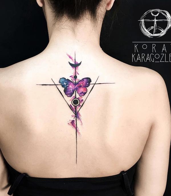 Watercolor butterfly spine tattoo-10