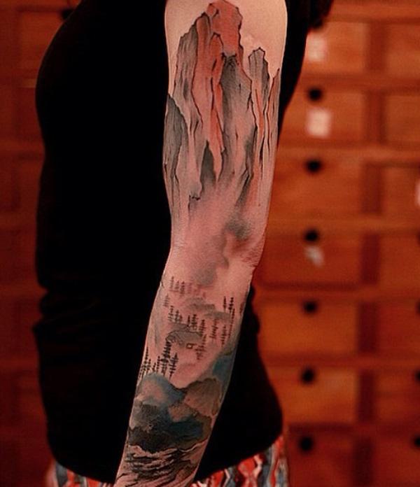 Outstanding Black And Grey Mountains With Pine Trees In Circle Tattoo On  Forearm By Brian Woo