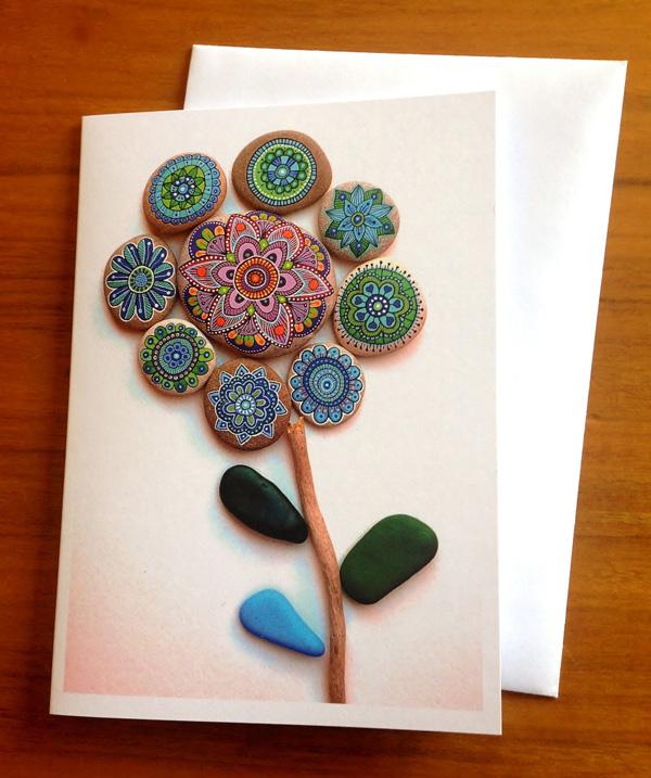Painted stone mandala flower 2 - Greeting Card