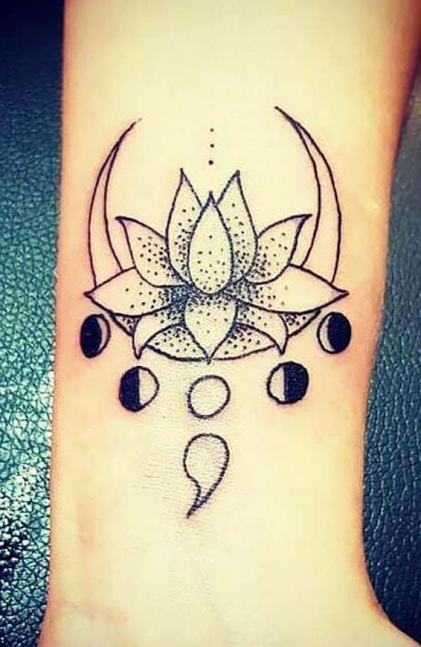 Lotus and moon phase semicolon tattoo