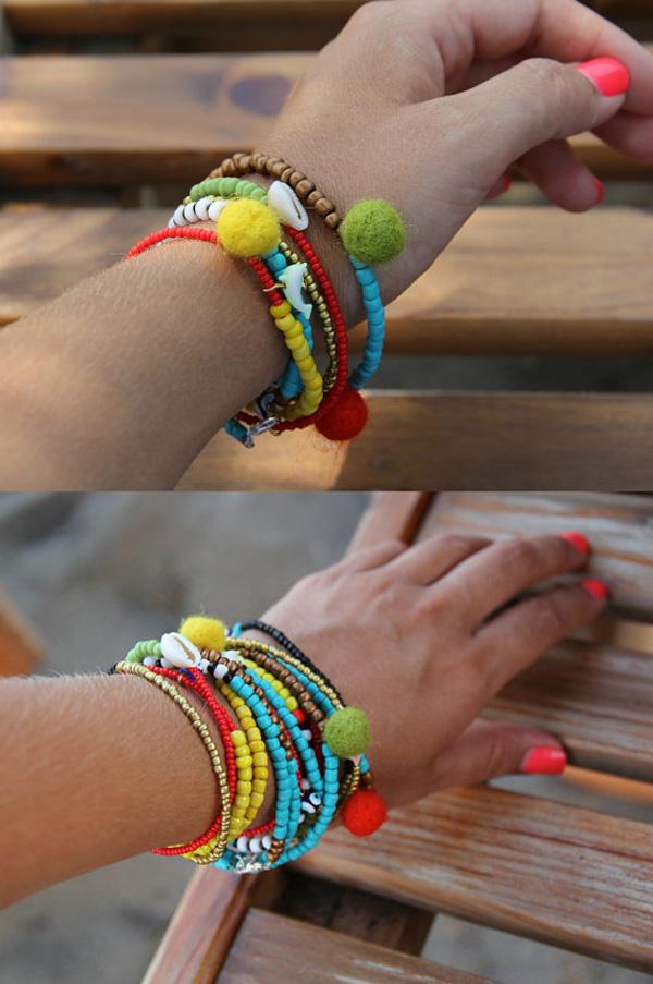 Bracelet Pom Pom Bone Beads Colorful-11