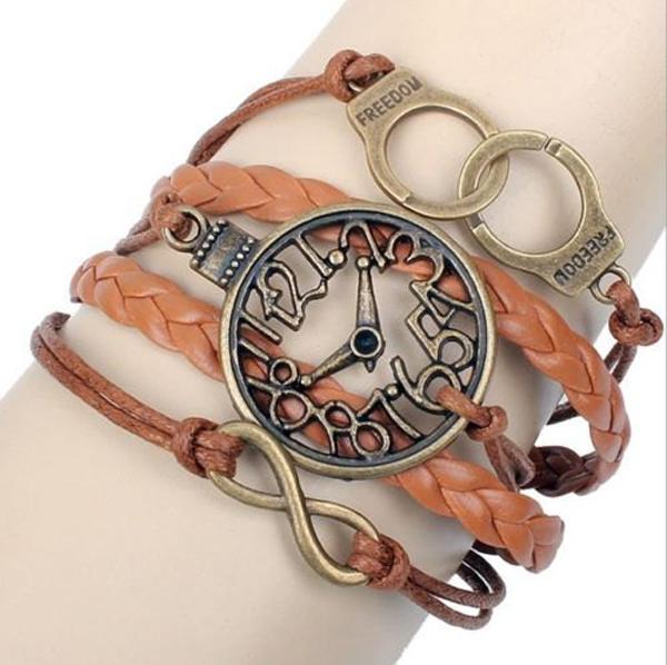 Friendship Bracelet Handcuffs Clock Leather Cute Charm Bracelet Bronze DIY-9