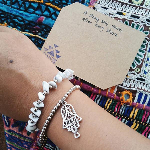 White and Silver Bohemian couple bracelet with Hamsa-15