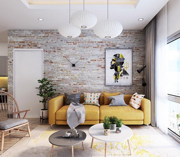 Yellow Sofa Brick Wall In Living Room 48 