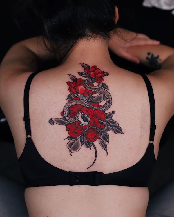 Flower and snake back tattoo Flower and snake back tattoo