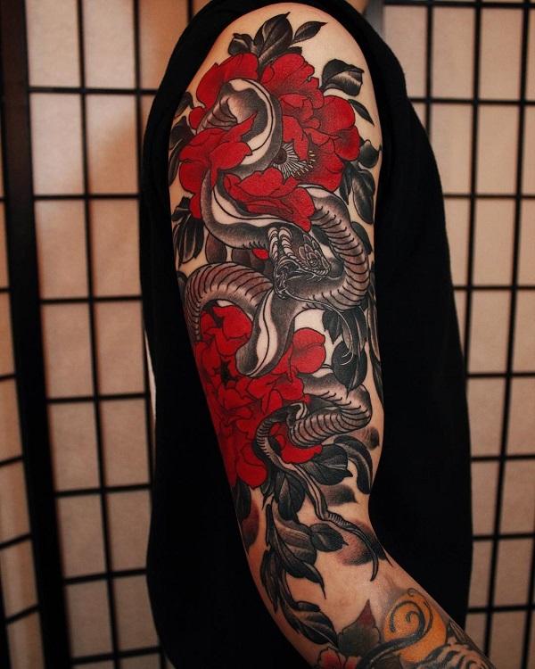 Grey Ink Snake And Skull Sleeve Tattoo